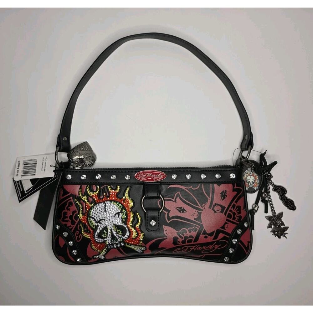 Ed Hardy Shoulder Bag Black Pink Red Skull Heart Rhinestone Applique Charm NWT